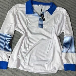 White and Blue Long Sleeve Polo Shirt